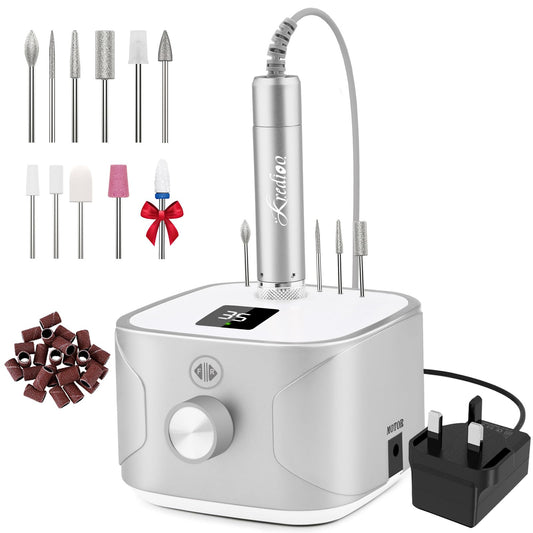 Kredioo Nail Drill RRP - £39.99 35,000RPM, Electric Nail File for Acrylic and Gel Nails, Professional Nail Drill Machine, Manicure Pedicure Kit with 11 Bits, LCD Display, Touch Button (Silver)
