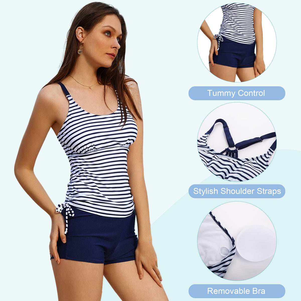 Women's Athletic Two Piece Tummy Control Swimwear RRP - £25.99 Backless Drawstring Swimsuit with Boyshort Bathing Suit Stripe Navy M