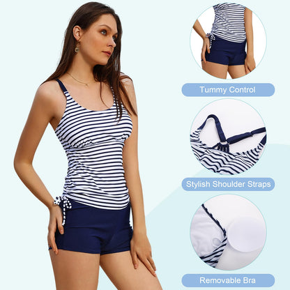 Women's Athletic Two Piece Tummy Control Swimwear RRP - £25.99 Backless Drawstring Swimsuit with Boyshort Bathing Suit Stripe Navy M