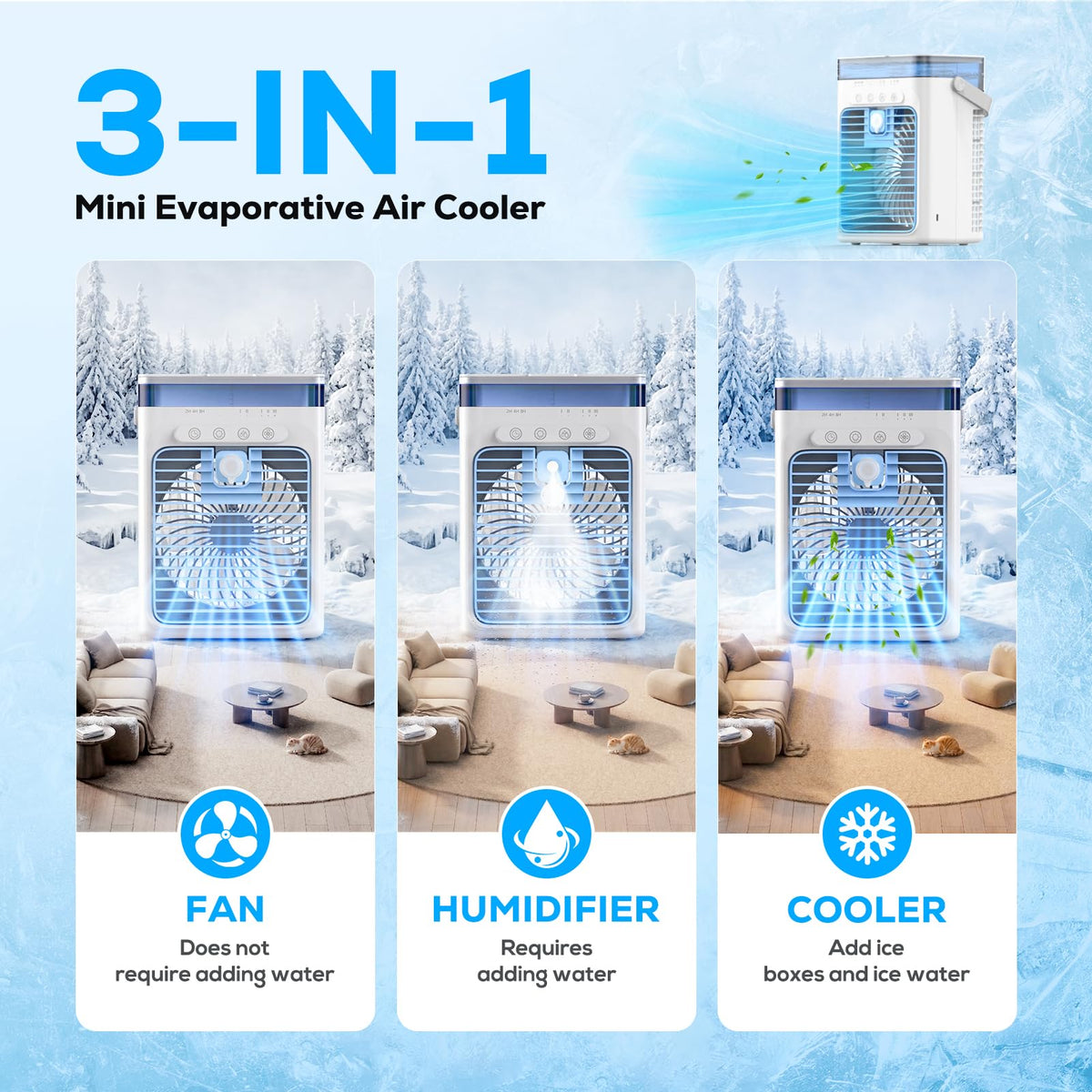 Portable 3-in-1 Evaporative Air Cooler RRP - £39.99 USB 1000ml Timer RGB – White
