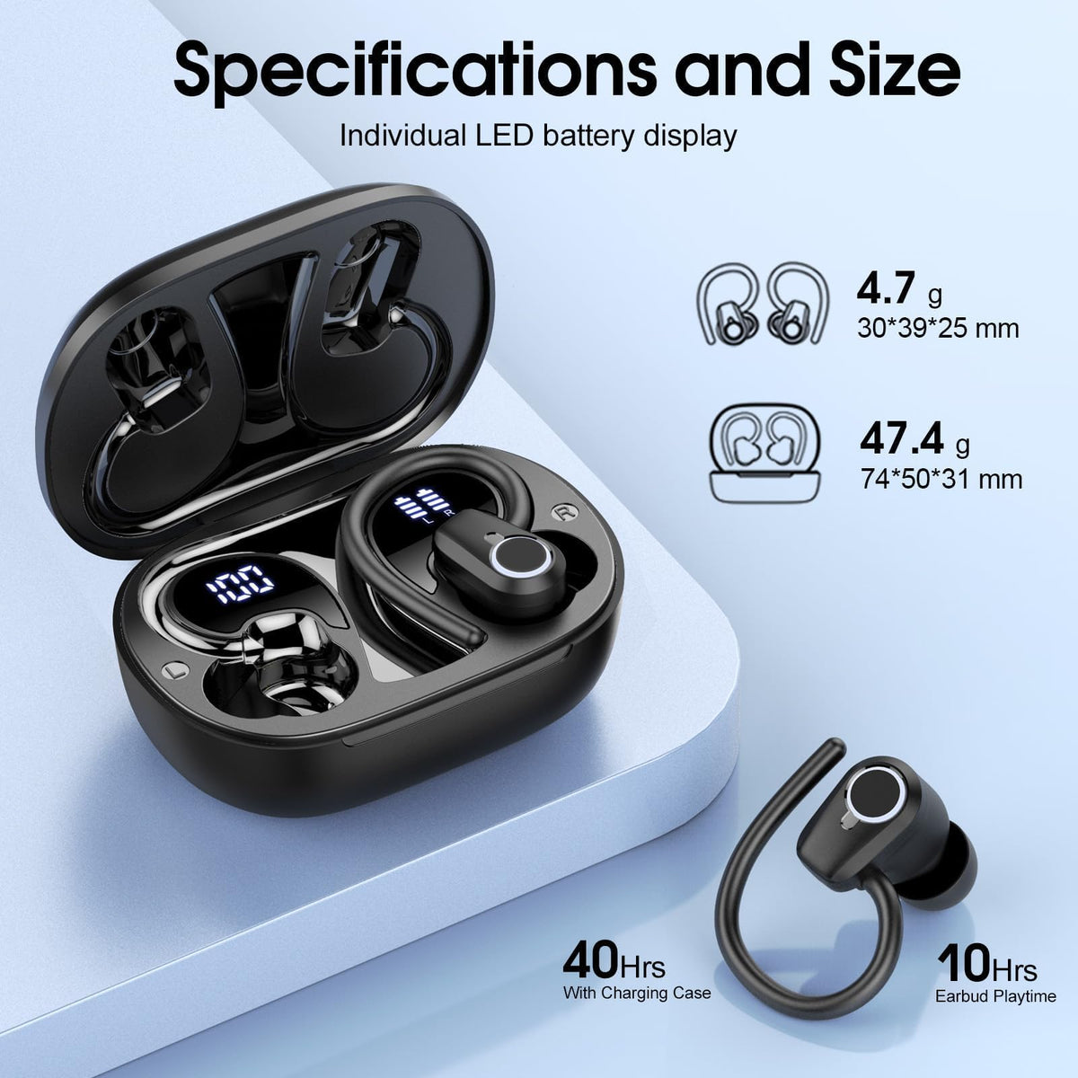 Wireless Earbuds RRP - £19.99, Bluetooth 5.3 Headphones with 4 ENC Noise Canceling Mic, 50H Stereo Dual LED Display Ear Buds, Sport Wireless Earphones with Earhooks, IP7 Waterproof Wireless Headphones Gym, Blue