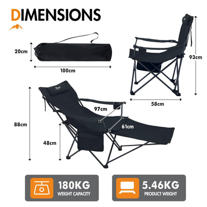 2-in-1 Folding Camping Chair - RRP £49.99 - 3-Position with Footrest & Cushion – 180kg