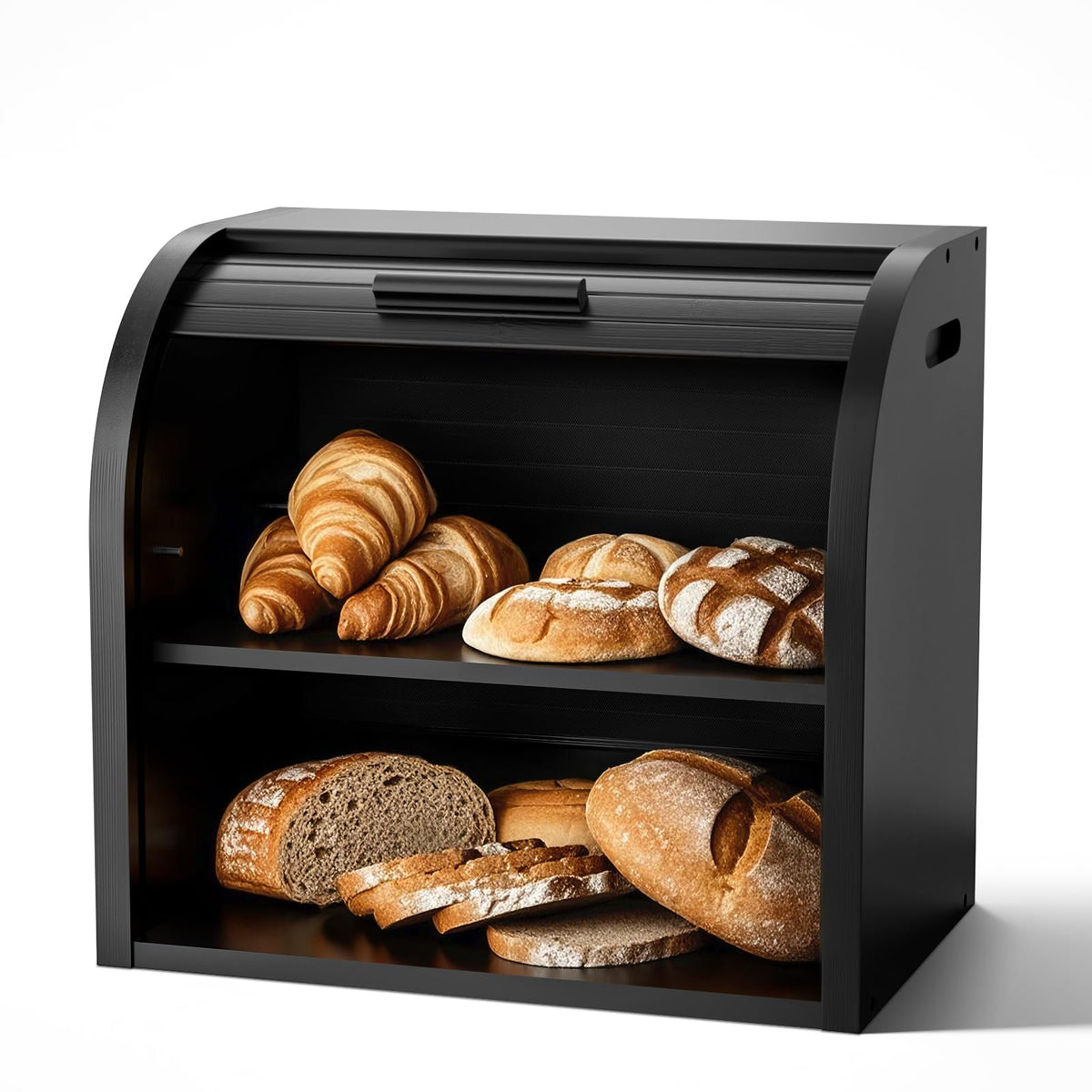 Bamboo Bread Bin RRP - £34.99 2-Layer Roll-Top Bread Storage with Removable Layer Self Assembly – Black