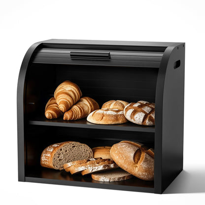 Bamboo Bread Bin RRP - £34.99 2-Layer Roll-Top Bread Storage with Removable Layer Self Assembly – Black