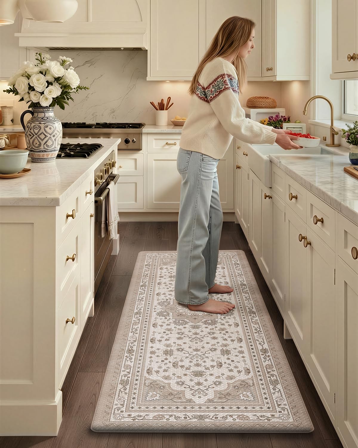 Kitchen Floor Mat Anti-Fatigue 60x220cm Faded Vintage Design – Red
