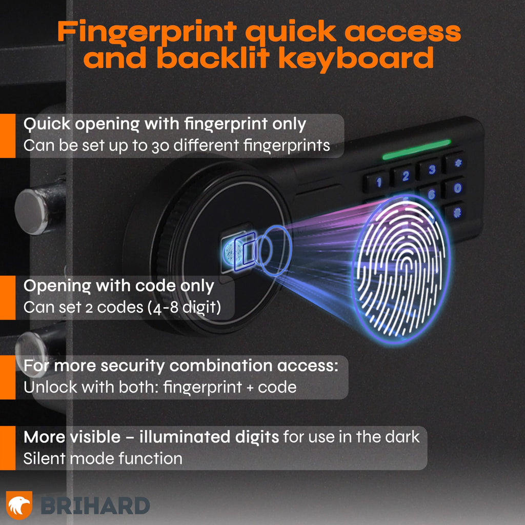 Brihard Business XL Safe RRP - £225 60L Fingerprint Sensor Fireproof 2 Shelves A4 Document – Black