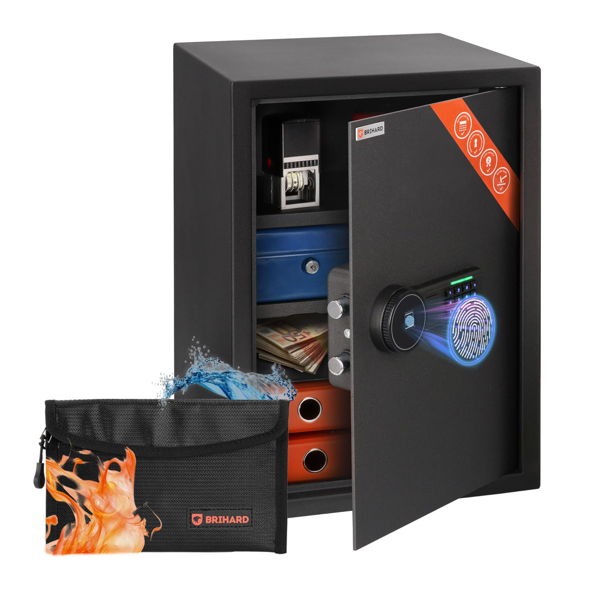 Brihard Business XL Safe RRP - £225 60L Fingerprint Sensor Fireproof 2 Shelves A4 Document – Black