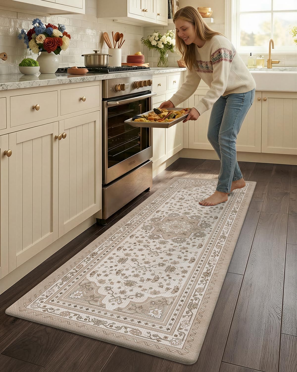 Kitchen Floor Mat Anti-Fatigue 60x220cm Faded Vintage Design – Red