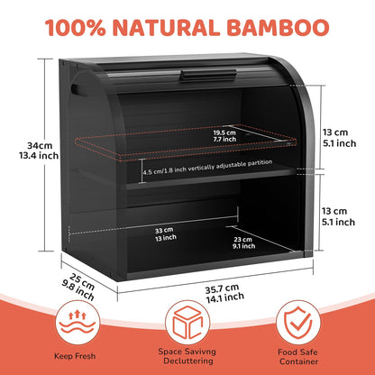 Bamboo Bread Bin RRP - £34.99 2-Layer Roll-Top Bread Storage with Removable Layer Self Assembly – Black