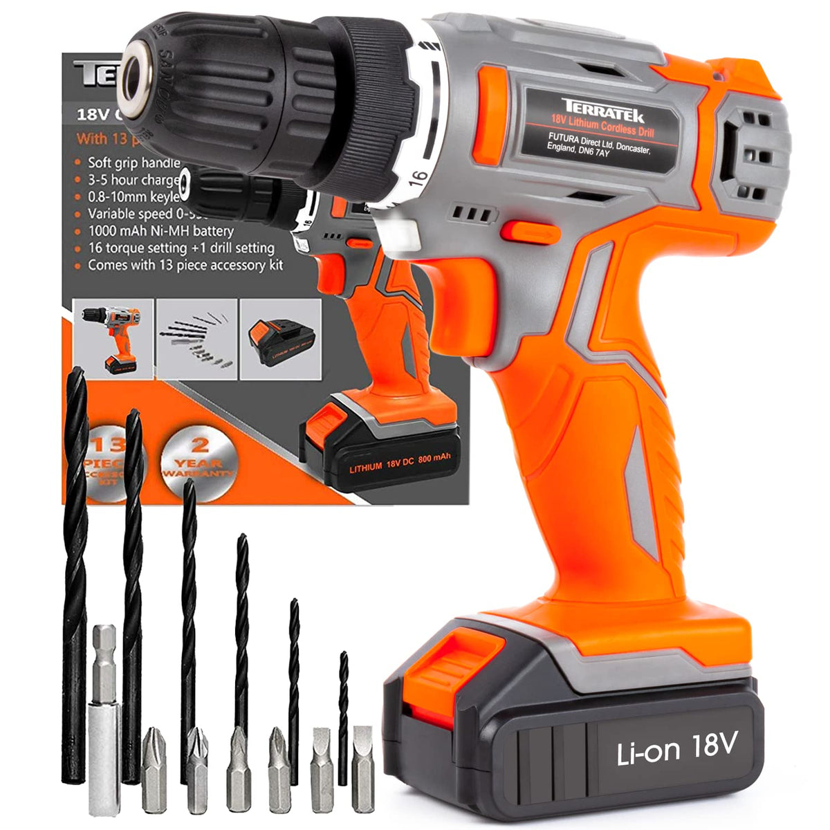 Terratek Cordless Drill RRP - £26.99 Driver 18V Lithium-Ion, 13Pc Electric Screwdriver Set, LED Work Light, Electric Drill Quick Change Power Drill Battery and Charger Included