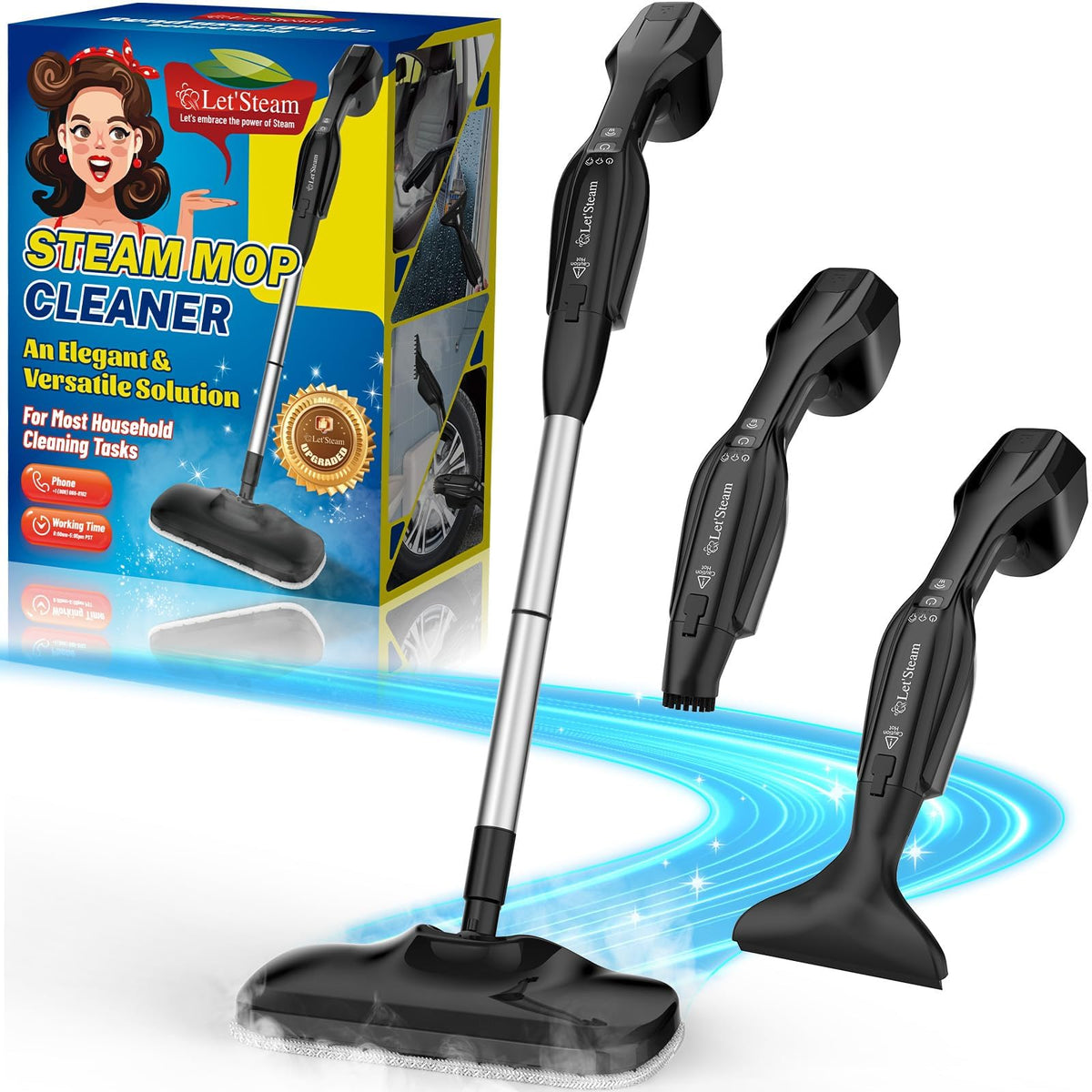 Fast-Heat Steam Mop with Handheld Cleaner RRP - £35.99 250ml Powerful Floor Steamer 17 Accessories Washable Pads – White