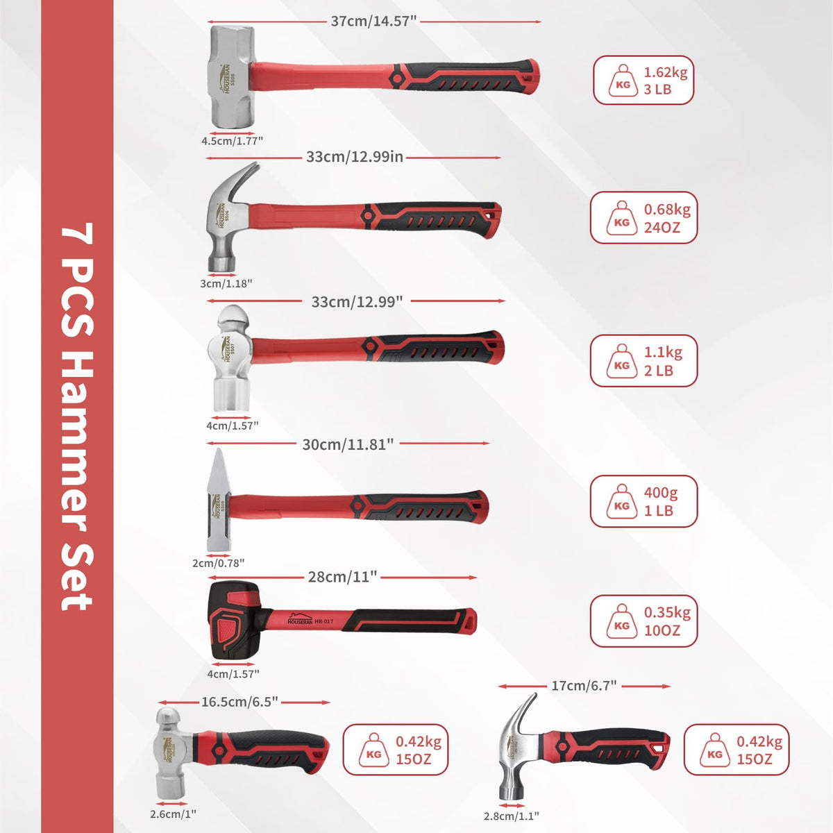 7-Piece Hammer Set with Claw and Ball Peen Hammers - Multi