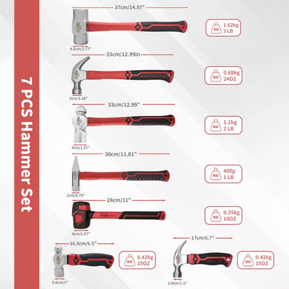 7-Piece Hammer Set with Claw and Ball Peen Hammers - Multi
