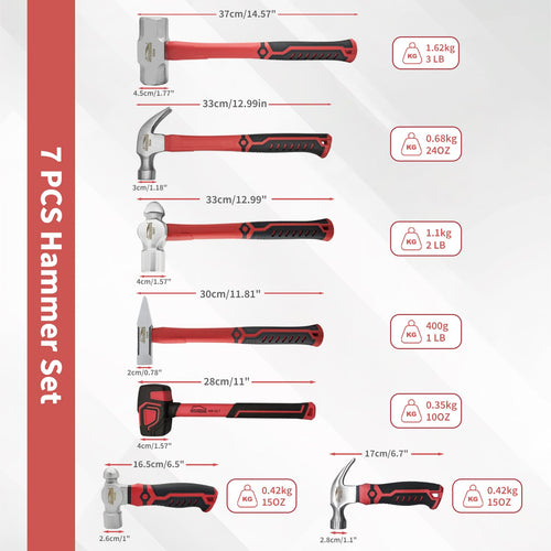7-Piece Hammer Set with Claw and Ball Peen Hammers - Multi