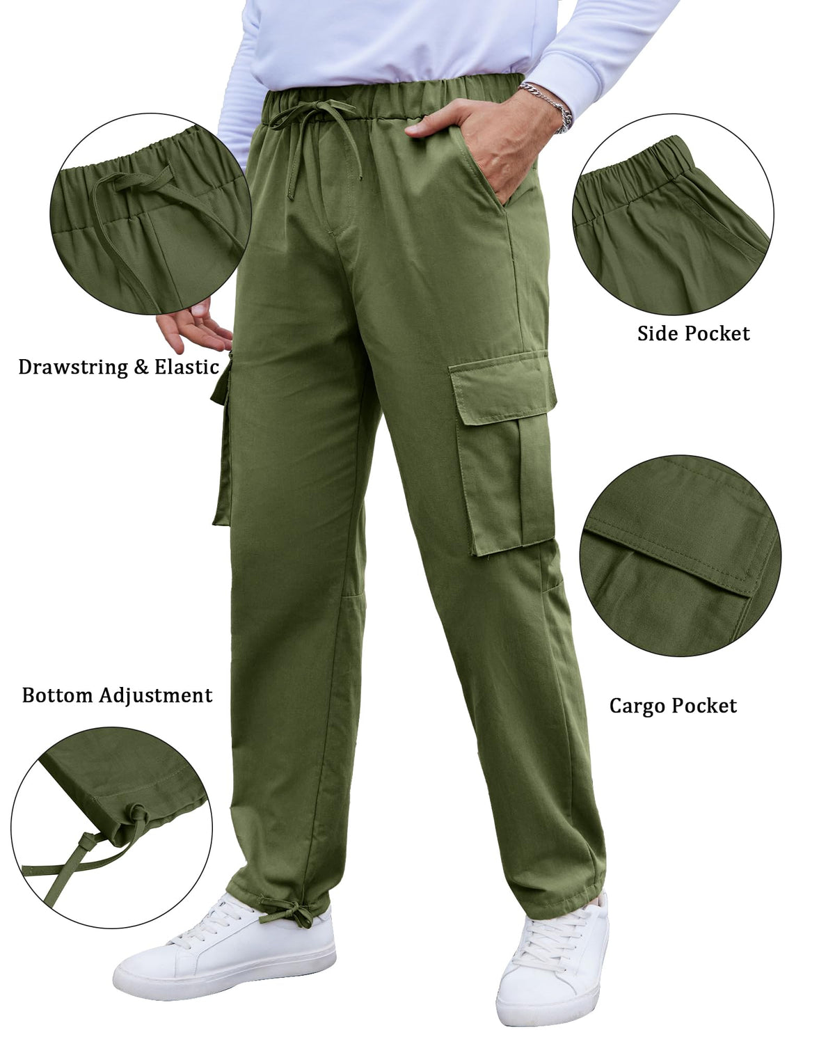 Men's Cotton Cargo Trousers RRP - £24.99 Drawstring Stretch Pockets Casual – Army Green 2XL