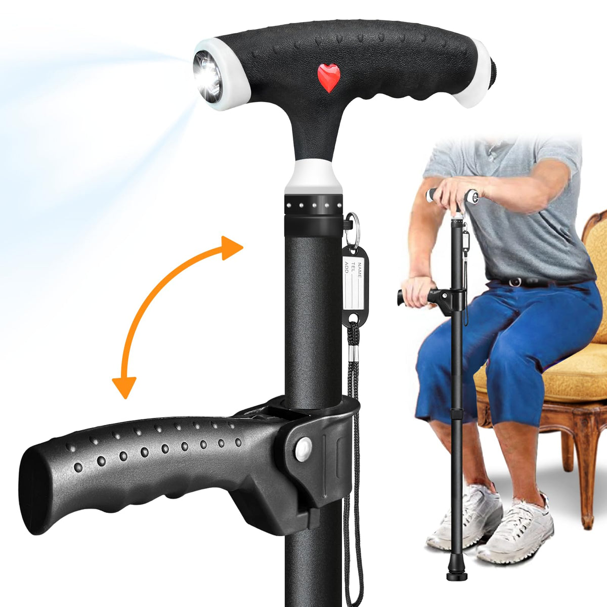 Adjustable Walking Stick RRP - £39.99 with Second Handle and LED Light for Extra Support – One Size