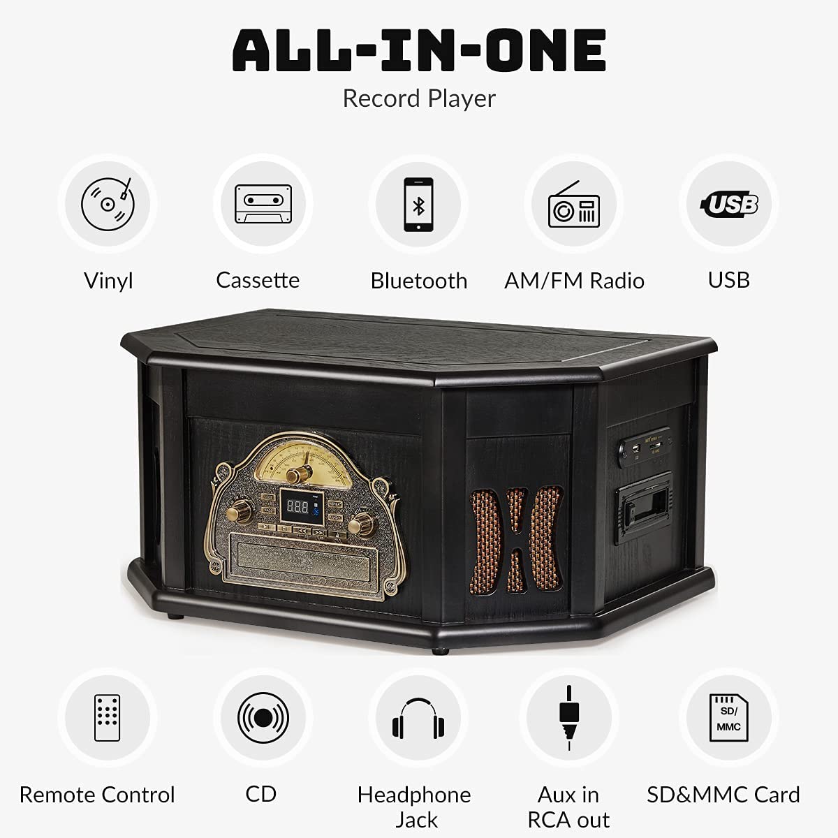 Record Player 10-in-1 Vinyl Turntable CD USB SD Bluetooth FM/AM Remote – Black - FAULTY
