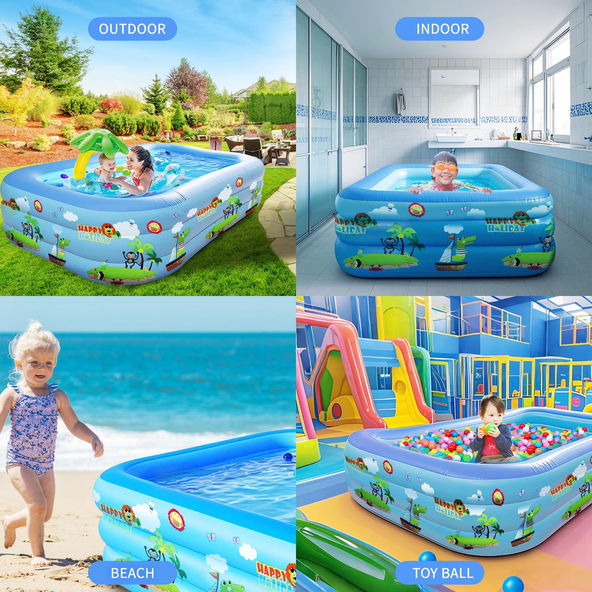 GALAXYER Inflatable Paddling Pool RRP - £39.99 with Cartoon Prints, 3 Rings Large Rectangular Family Swimming Center for Kids Toddlers Adult, Indoor Outdoor Garden Swimming Pool, 205 × 125 × 50 CM