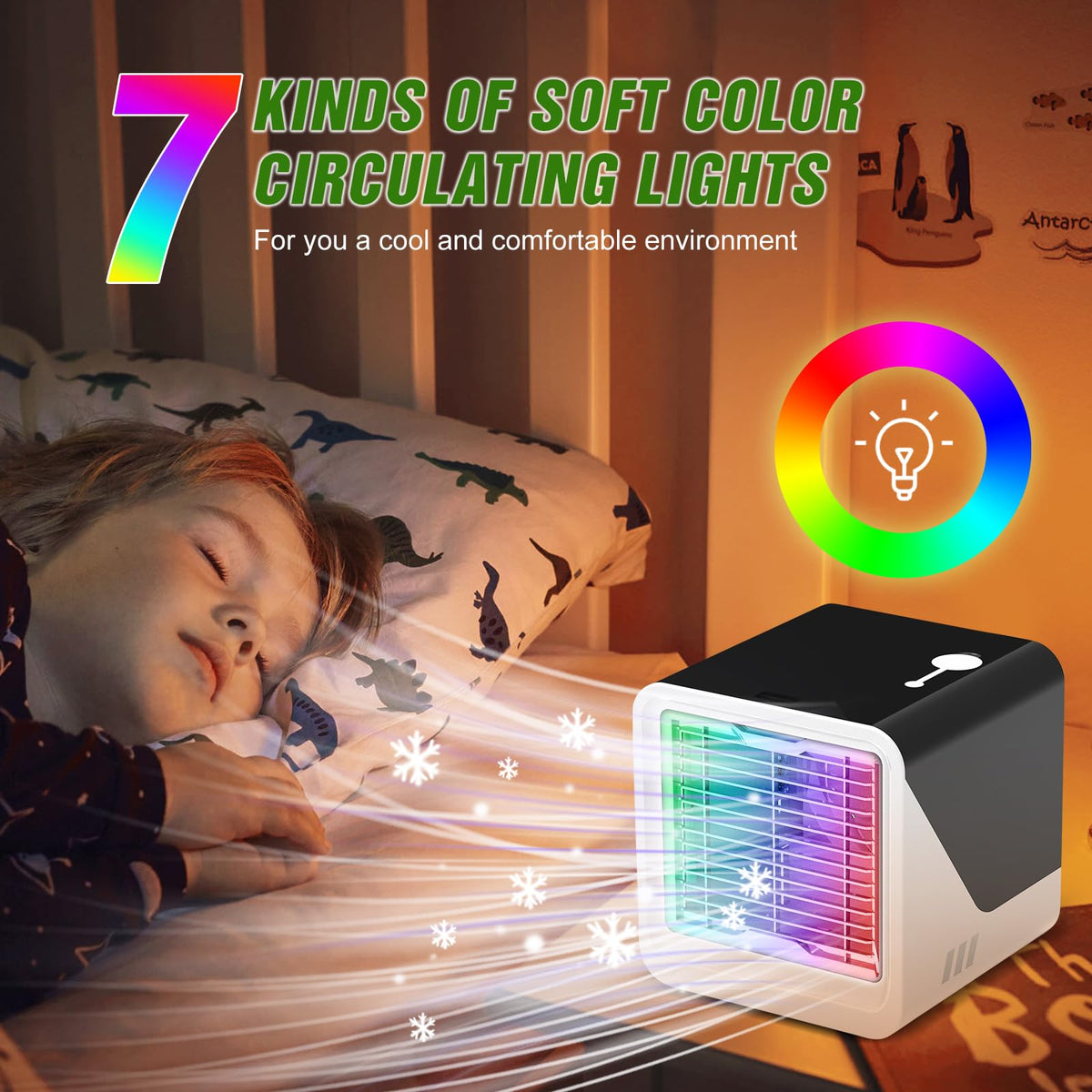 Portable Evaporative Air Cooler Fan RRP - £64.99 3-Speed Replaceable Filter Humidifier LED 7-Colour – Black
