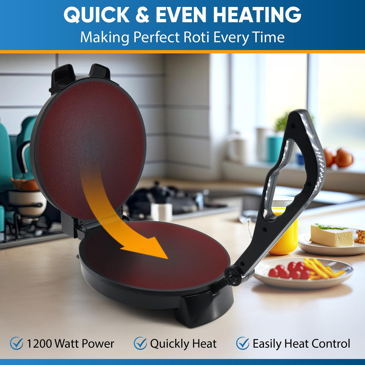 StarBlue 25.4cm Roti Maker Machine RRP - £59.99 with Free Roti Heater and Removable Handle - Indian Chapati, Tortilla, Roti AC220-240V 50/60Hz 1200W, UK Plug