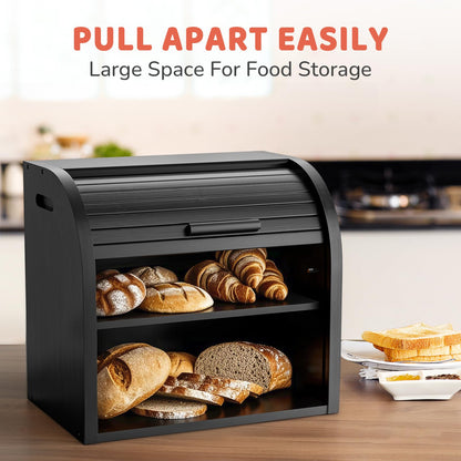 Bamboo Bread Bin RRP - £34.99 2-Layer Roll-Top Bread Storage with Removable Layer Self Assembly – Black
