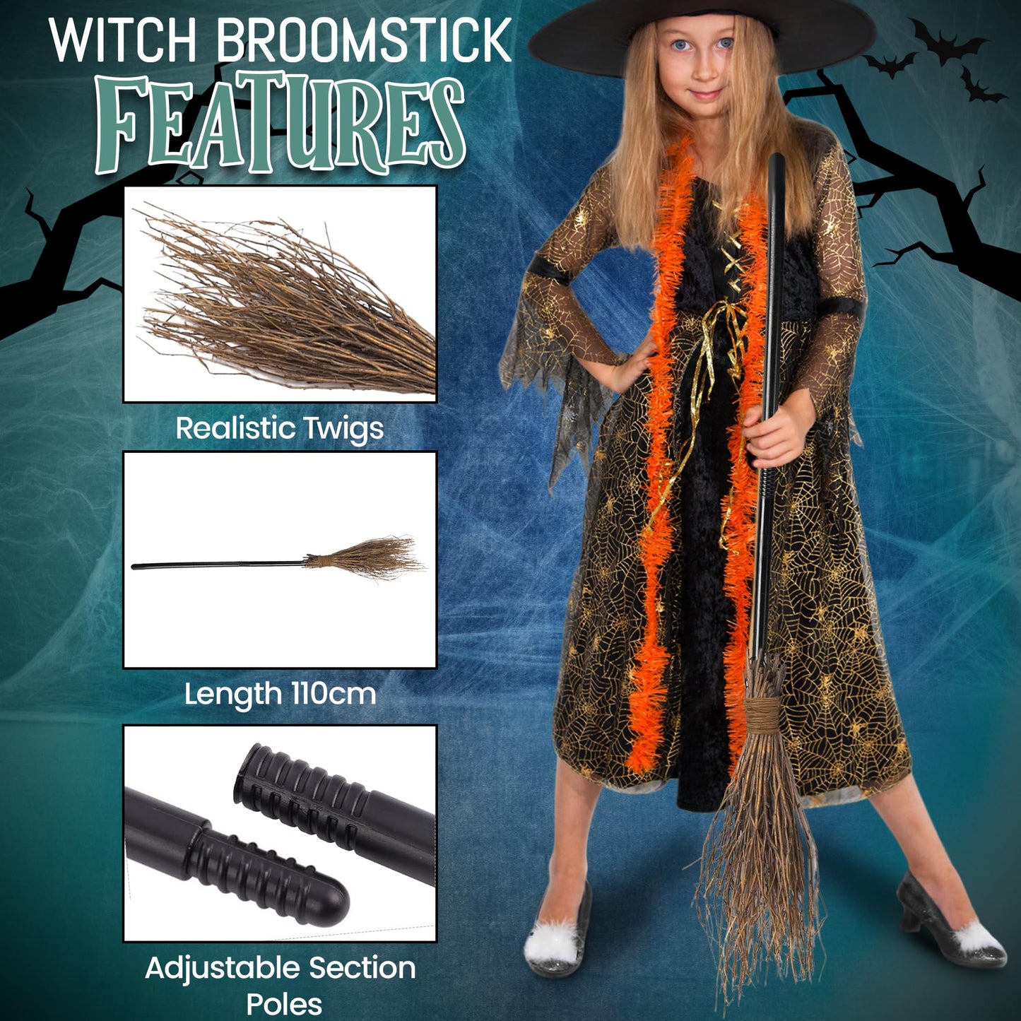Witches Broomstick 3 Piece Realistic Halloween Costume Accessory - RRP £11.99 – 110 cm