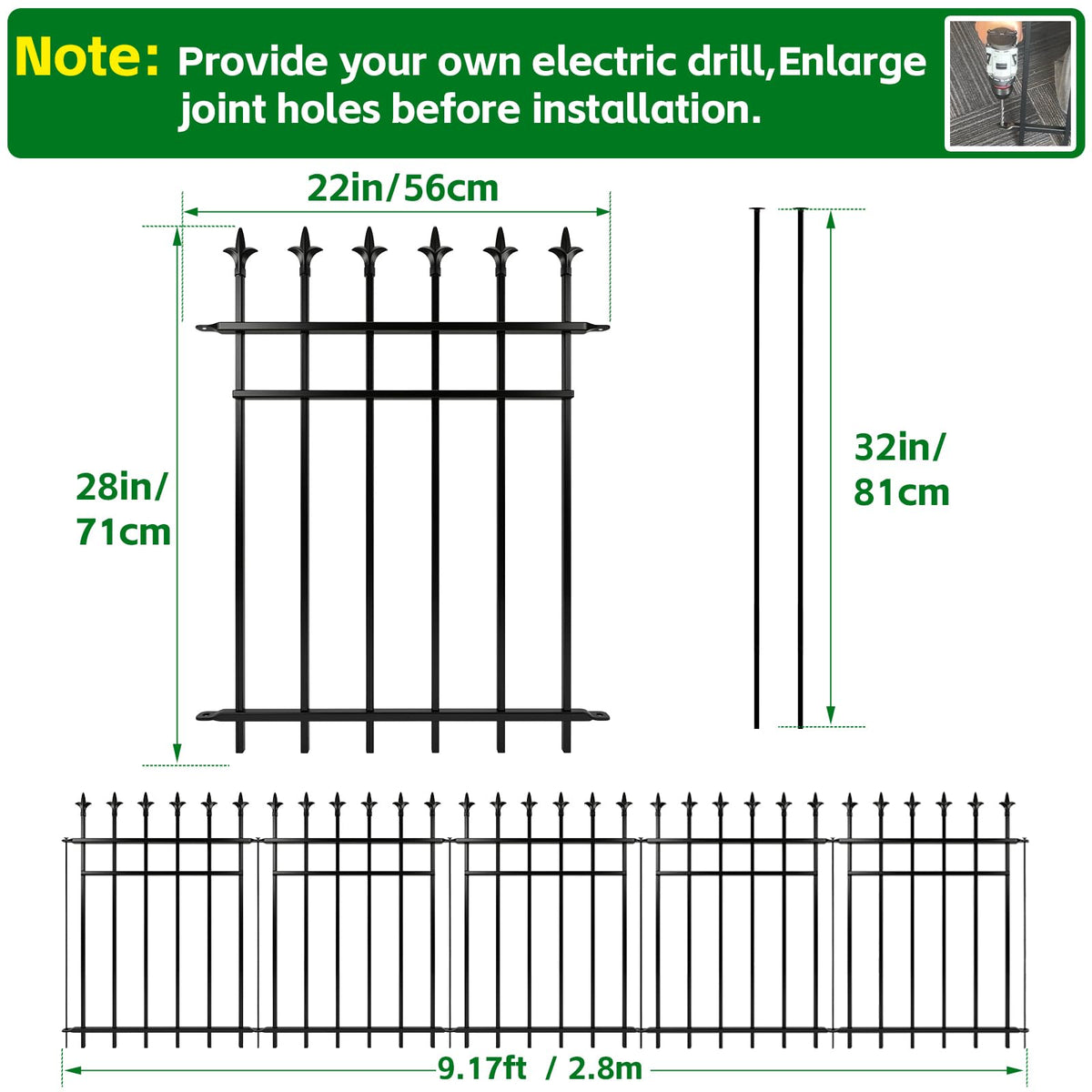 Metal Garden Fence 5-Pack Rustproof Landscape Barrier 71cm H x 56cm W 2.8m