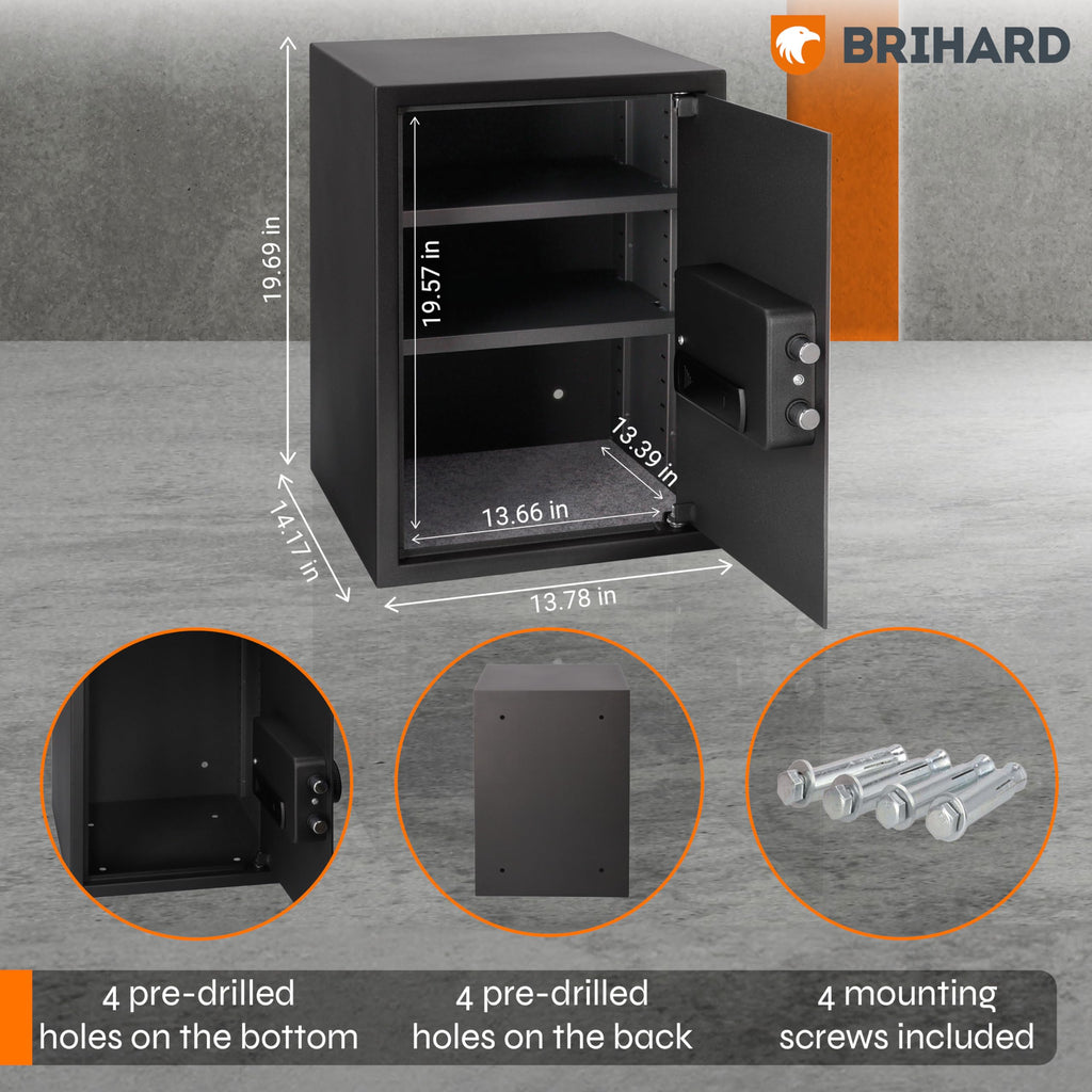Brihard Business XL Safe RRP - £225 60L Fingerprint Sensor Fireproof 2 Shelves A4 Document – Black