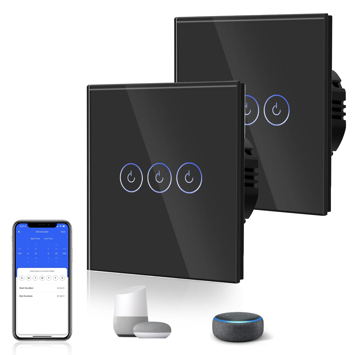 BSEED Smart Light Switch RRP - £39.99 2 Pack Smart Alexa 3 Gang 2 Way WiFi Switchable Switches, Glass Panel Wall Light Switch Black, Goggle/Voice Control, Sharing Devices (Neutral Wire Required)