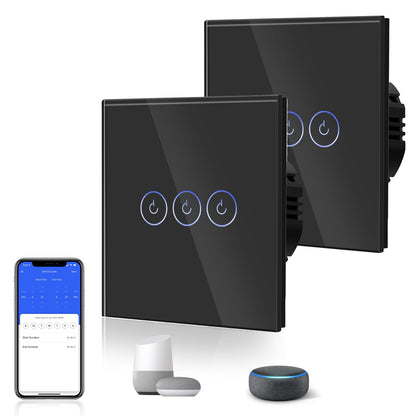 BSEED Smart Light Switch RRP - £39.99 2 Pack Smart Alexa 3 Gang 2 Way WiFi Switchable Switches, Glass Panel Wall Light Switch Black, Goggle/Voice Control, Sharing Devices (Neutral Wire Required)