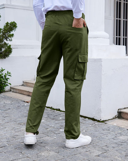 Men's Cotton Cargo Trousers RRP - £24.99 Drawstring Stretch Pockets Casual – Army Green 2XL