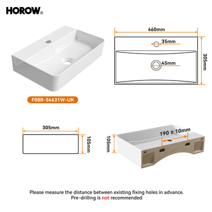 HOROW Wash Basin Sink White - RRP £99.99 - Bathroom Ceramic Sink Countertop or Wall Hung, Rectangular, Thin Edge, with Tap Hole, for Cloakroom Bathroom Small WC (46 * 31)