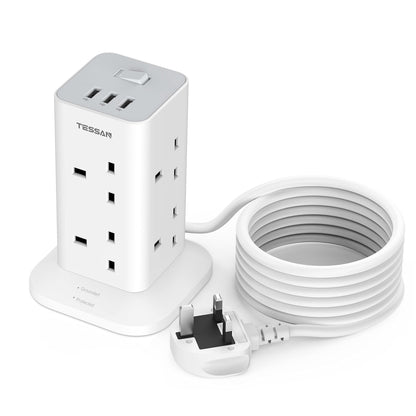 Tower Extension Lead  RRP - £26.99 3M with 3 USB Slots, TESSAN Extension Cable 8 Way Multi Socket Plug with Switch, Surge Protected Power Strip for Home, Office, Kitchen Supplies