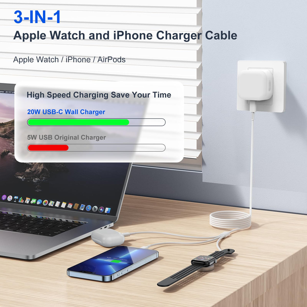 3-in-1 Apple Watch Charger 20W USB-C Fast Charge 2m - Universal