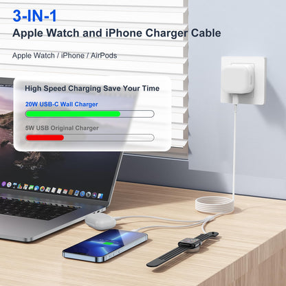 3-in-1 Apple Watch Charger 20W USB-C Fast Charge 2m - Universal