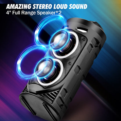 Portable Bluetooth Speaker RRP - £39.99, 30W Wireless Speaker with Double 4’’ Full range Stereo Sound, Mixed Color LED Lights, Remote, Supports EQ, TWS, USB, TF, AUX, Loud Speaker for Travel, Home, Party(1 Pcs)