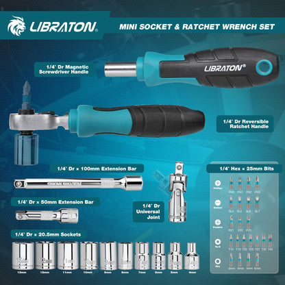 1/4in Drive Mini Socket & Ratchet Set RRP - £25.99 37pc 4-13mm with Magnetic Driver – Case