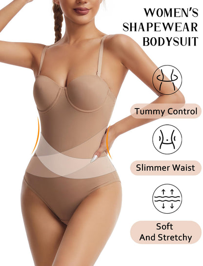 Strapless Tummy Control Shapewear Bodysuit RRP - £14.99 Removable Straps Low Back Shaping – Beige XL