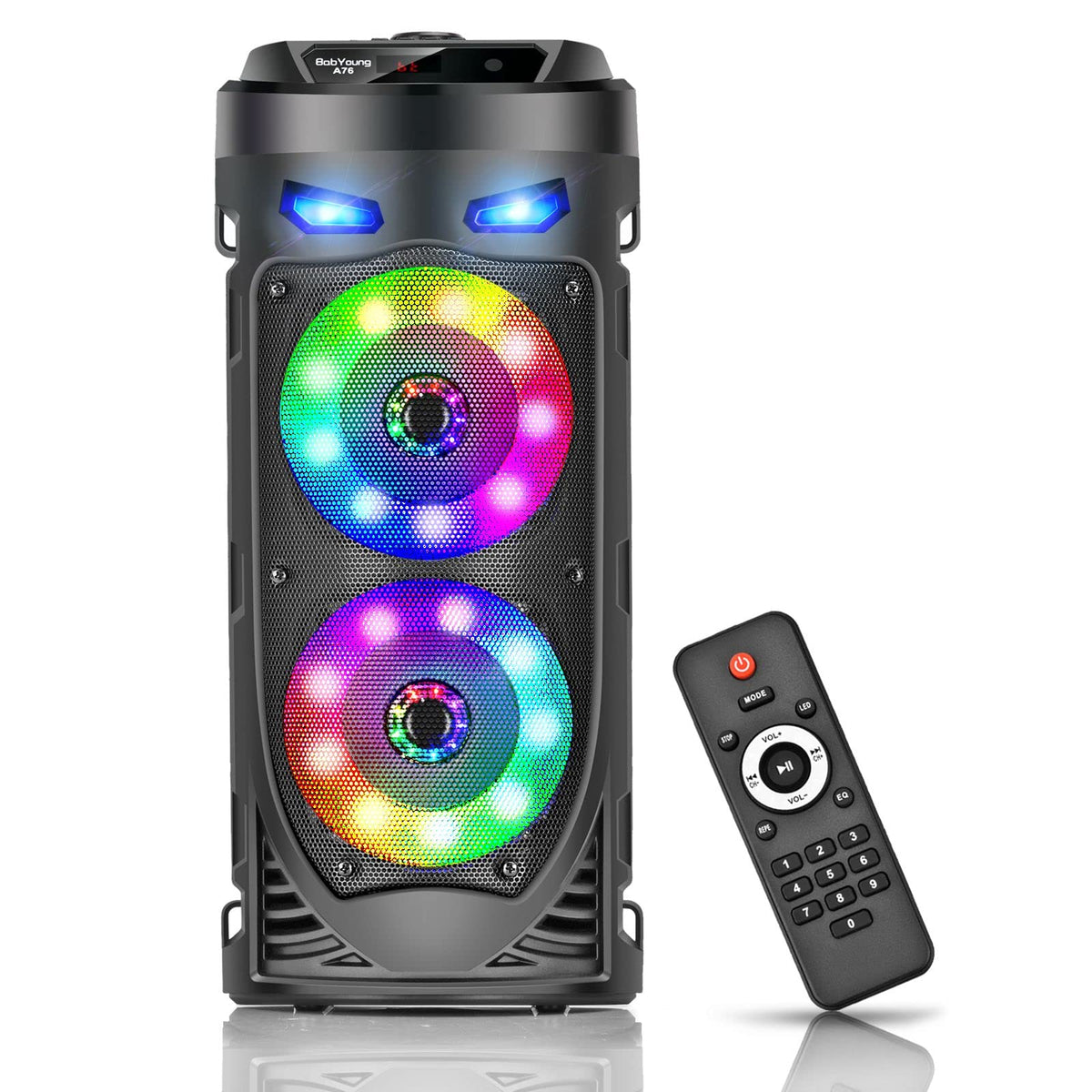 Portable Bluetooth Speaker RRP - £39.99, 30W Wireless Speaker with Double 4’’ Full range Stereo Sound, Mixed Color LED Lights, Remote, Supports EQ, TWS, USB, TF, AUX, Loud Speaker for Travel, Home, Party(1 Pcs)