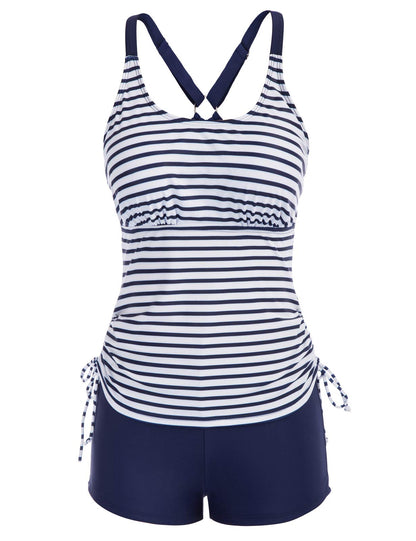 Women's Athletic Two Piece Tummy Control Swimwear RRP - £25.99 Backless Drawstring Swimsuit with Boyshort Bathing Suit Stripe Navy M