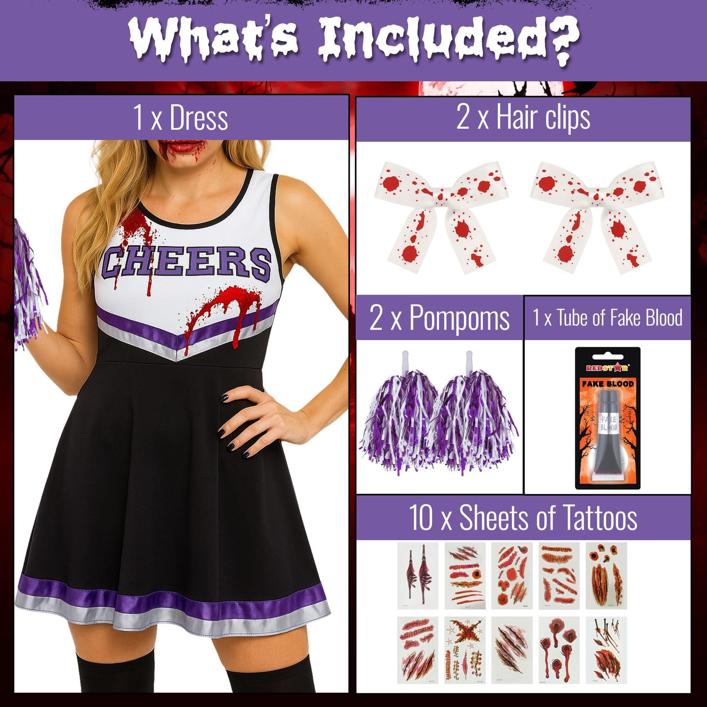 Zombie Cheerleader Costume Women - RRP £19.99 – Dead Outfit with Pom Poms, Fake Blood, Tattoos – Halloween