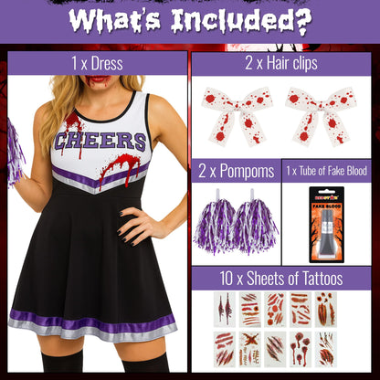 Zombie Cheerleader Costume Women - RRP £19.99 – Dead Outfit with Pom Poms, Fake Blood, Tattoos – Halloween