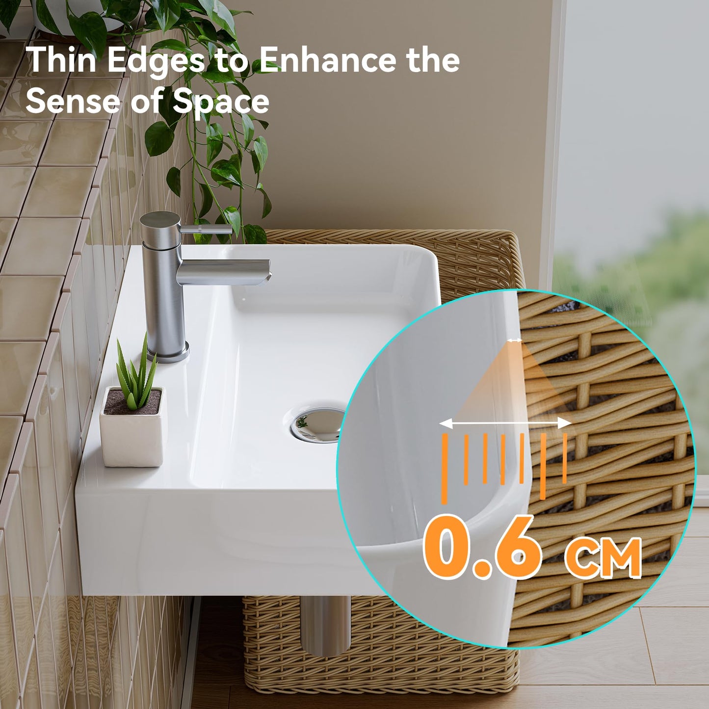 HOROW Wash Basin Sink White - RRP £99.99 - Bathroom Ceramic Sink Countertop or Wall Hung, Rectangular, Thin Edge, with Tap Hole, for Cloakroom Bathroom Small WC (46 * 31)