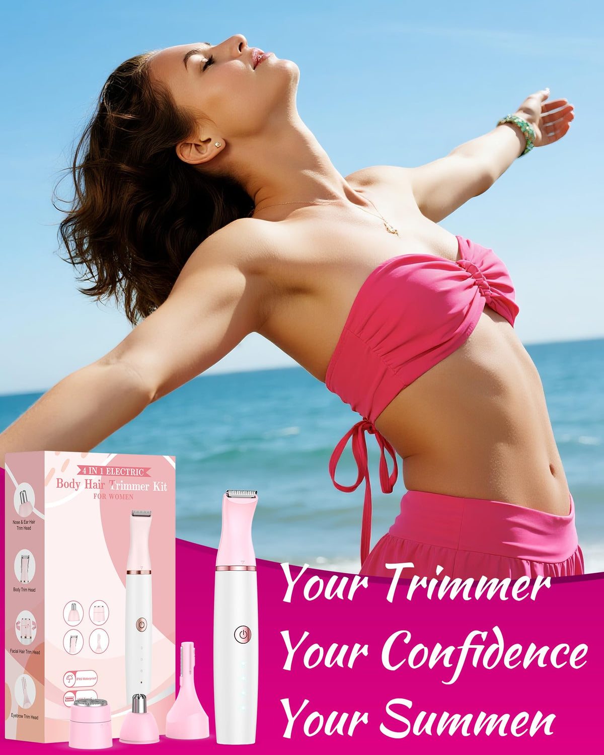 4-in-1 Women's Electric Bikini Trimmer Painless Facial & Body Razor Rechargeable USB Portable