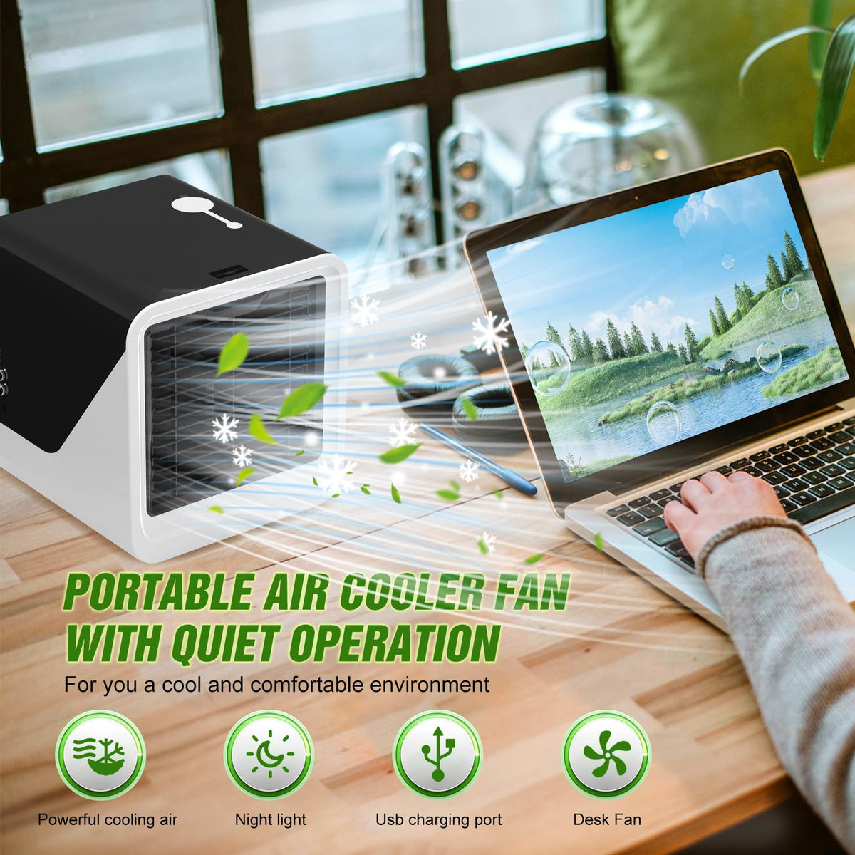 Portable Evaporative Air Cooler Fan RRP - £64.99 3-Speed Replaceable Filter Humidifier LED 7-Colour – Black