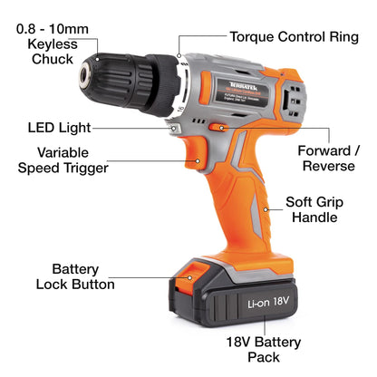 Terratek Cordless Drill RRP - £26.99 Driver 18V Lithium-Ion, 13Pc Electric Screwdriver Set, LED Work Light, Electric Drill Quick Change Power Drill Battery and Charger Included
