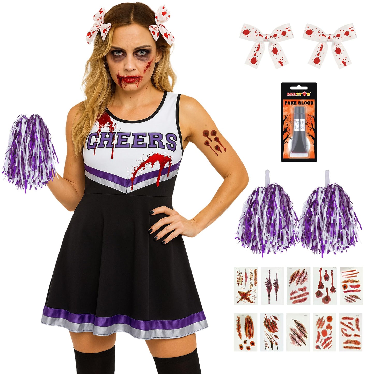 Zombie Cheerleader Costume Women - RRP £19.99 – Dead Outfit with Pom Poms, Fake Blood, Tattoos – Halloween