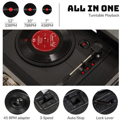 Record Player 10-in-1 Vinyl Turntable CD USB SD Bluetooth FM/AM Remote – Black - FAULTY