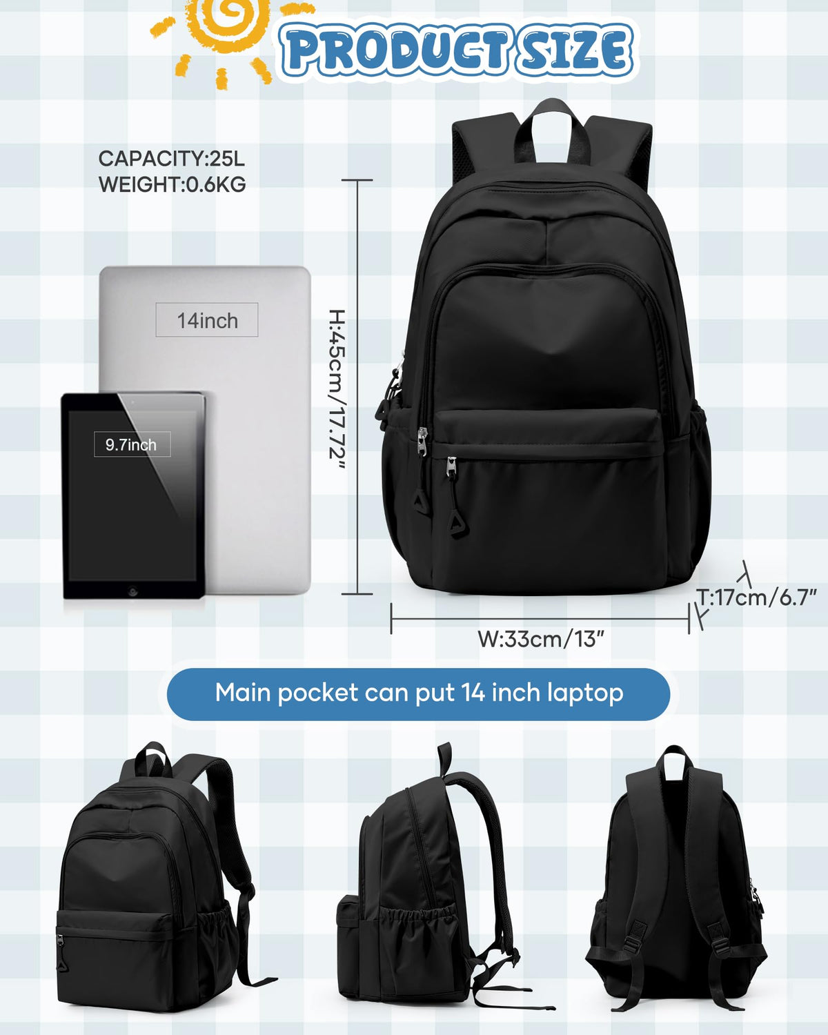 School Backpack RRP - £18.99 Waterproof Lightweight Rucksack for 14 Inch Laptop – Black