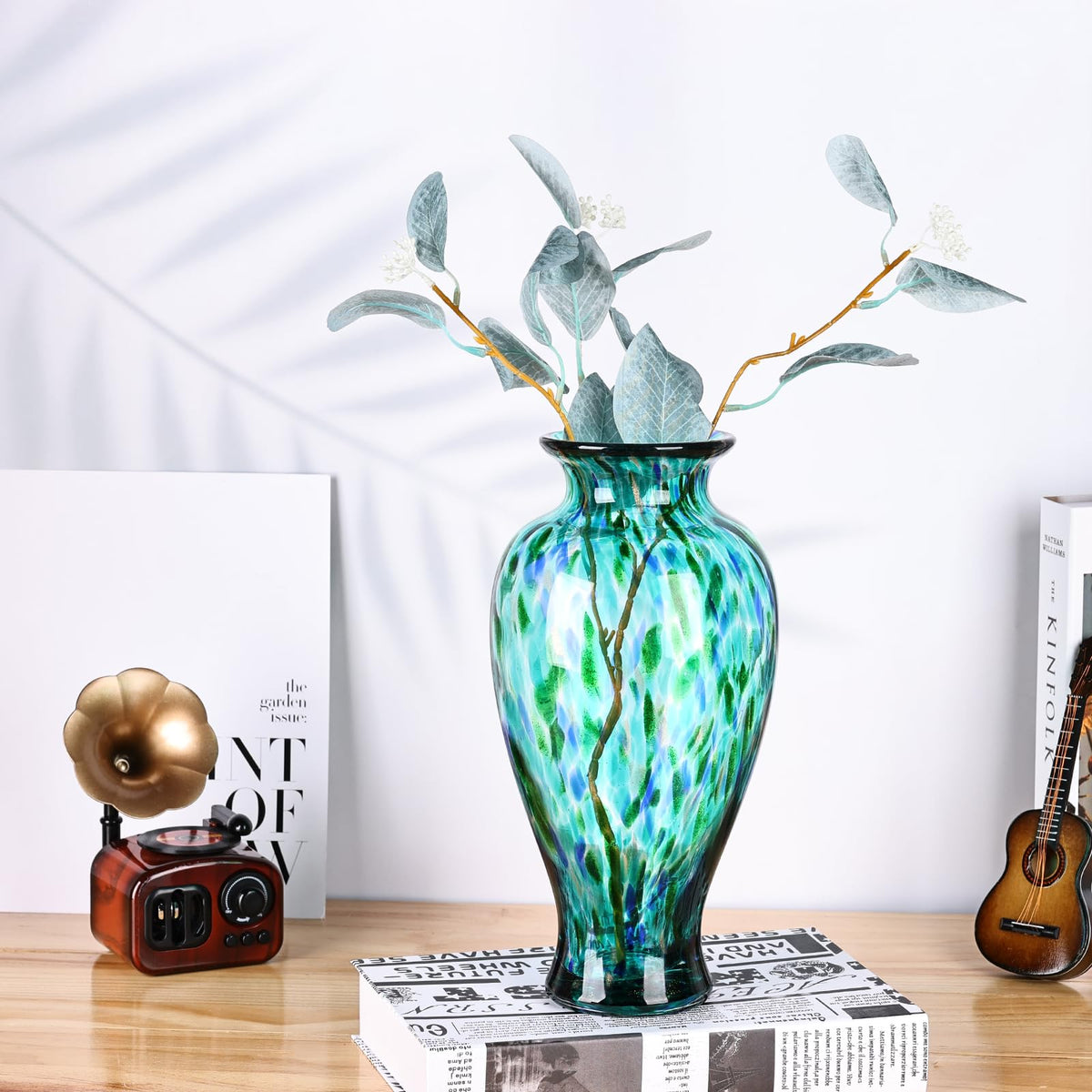 Hand-Blown Glass Vase RRP - £32.99 11.8in Tall Modern Decorative Wide Mouth Centrepiece – Jade Green